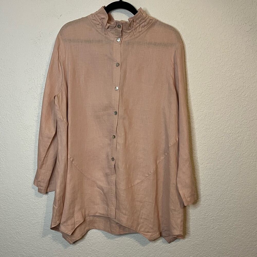 John Mark 100% linen ruffle mock neck roll tab button down blouse Lagenlook
